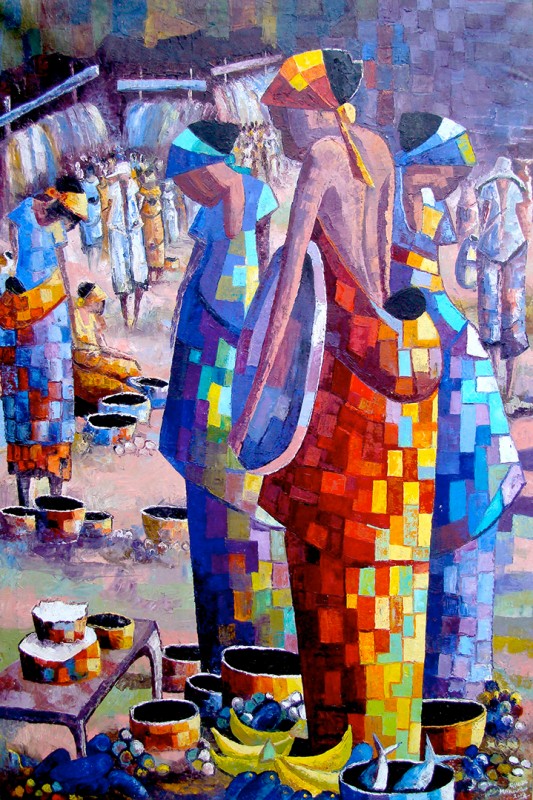Rhode Makoumbou › Schilderij: «Discussion entre vendeuses» (2007)