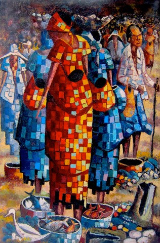 Rhode Makoumbou › Schilderij: «La foule du marché» (2014) • ID › 8