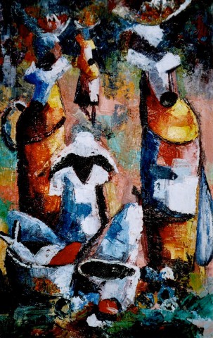 Rhode Makoumbou › Peinture : «Le marché» (2002) • ID › 48
