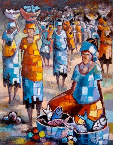 Rhode Makoumbou › Schilderij: «Le marché de poissons» • ID › 170