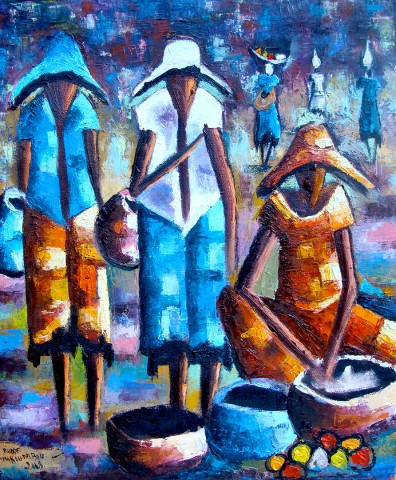 Rhode Makoumbou › Peinture : «Le marché du village» (2008) • ID › 168