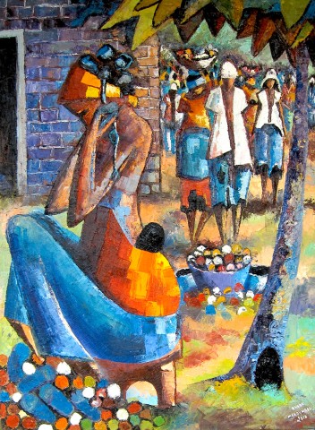 Rhode Makoumbou › Peinture : «Le marché matinal» (2010) • ID › 240