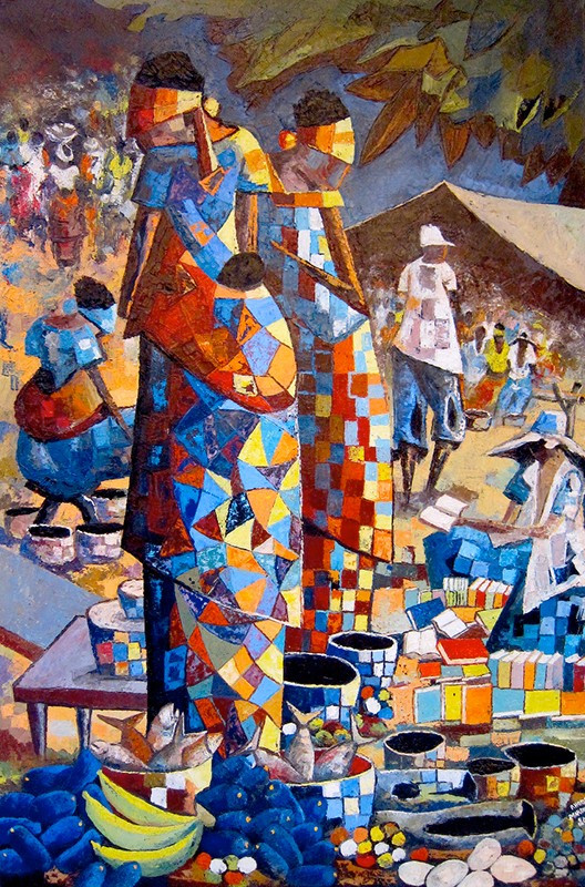 Rhode Makoumbou › Schilderij: «Le vendeur de livres» (2012)