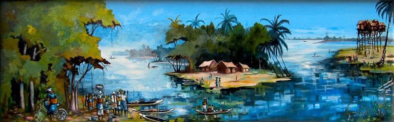 Rhode Makoumbou › Schilderij: «Le village de pêcheurs» (2012)
