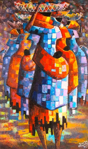 Rhode Makoumbou › Peinture : «Les femmes du marché de Kinkala» (2008) • ID › 254