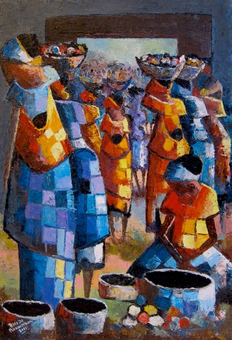 Rhode Makoumbou › Peinture : «Les porteuses au marché» • ID › 281