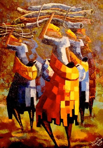 Rhode Makoumbou › Peinture : «Les porteuses de bois» (2006) • ID › 166