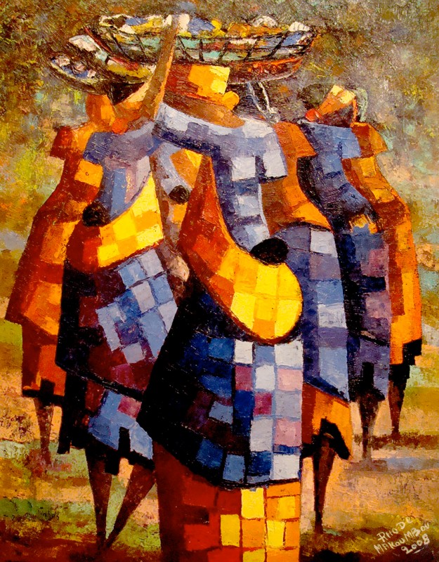 Rhode Makoumbou › Schilderij: «Les porteuses du marché (2)» (2008)