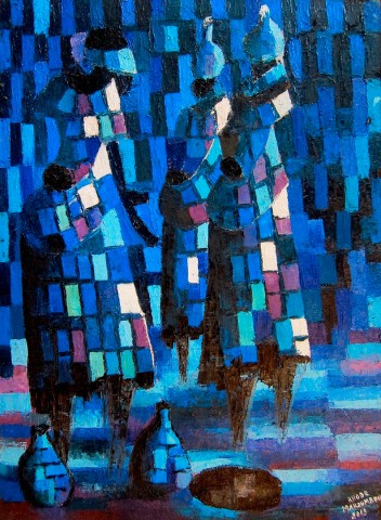 Rhode Makoumbou › Peinture : «Les porteuses, la nuit» (2013)