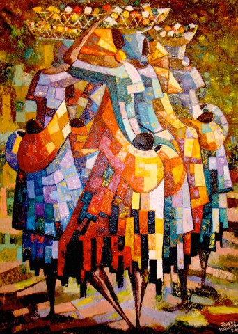 Rhode Makoumbou › Schilderij: «Mouvement du marché» (2002) • ID › 73