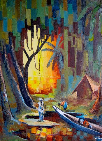 Rhode Makoumbou › Peinture : «Soleil couchant dans la forêt» (2013)