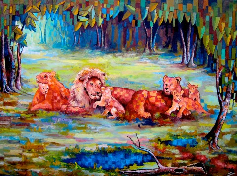 Rhode Makoumbou › Schilderij: «Une famille de lions» (2011)