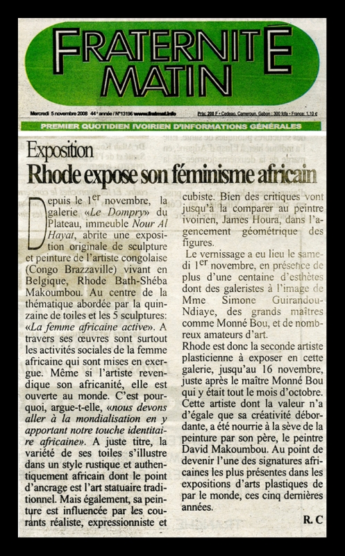 Rhode Makoumbou dans «Fraternité Matin», journal n° 13196 (mer 05 nov 2008)