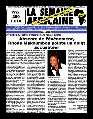 Rhode Makoumbou dans «La Semaine Africaine», journal n° 3051 (mar 14 déc 2010)