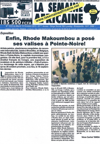 Rhode Makoumbou in «La Semaine Africaine», krant n° 3333 (di 15 okt 2013)
