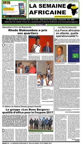 Rhode Makoumbou dans «La Semaine Africaine», journal n° 3634 (mar 18 oct 2016)