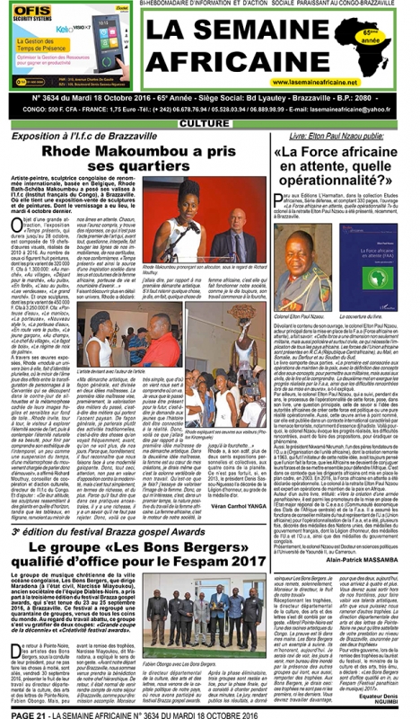 Rhode Makoumbou in «La Semaine Africaine», krant n° 3634 (di 18 okt 2016)