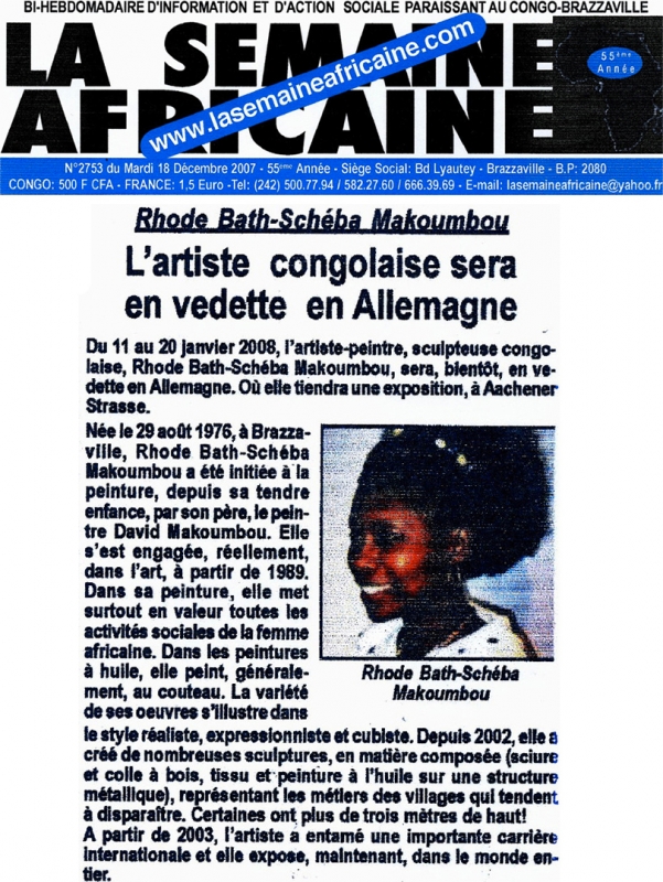Rhode Makoumbou in «La Semaine Africaine», krant n° 2753 (di 18 dec 2007)