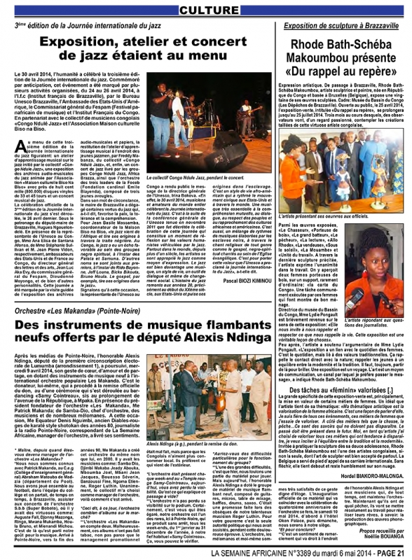 Rhode Makoumbou in «La Semaine Africaine», krant n° 3389 (di 06 mei 2014)
