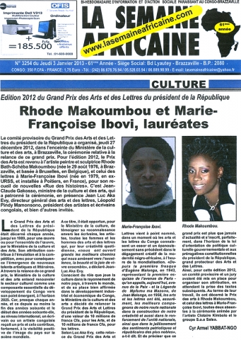 Rhode Makoumbou dans «La Semaine Africaine», journal n° 3254 (jeu 03 jan 2013)