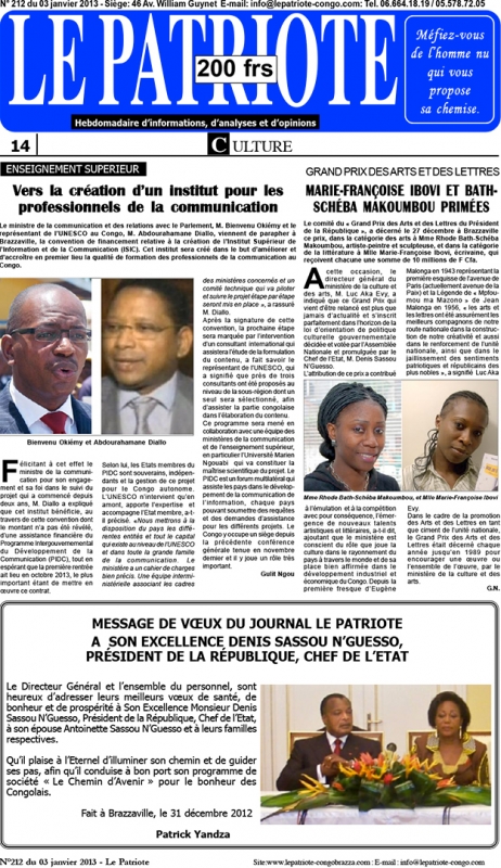 Rhode Makoumbou in «Le Patriote», krant n° 212 (do 03 jan 2013)