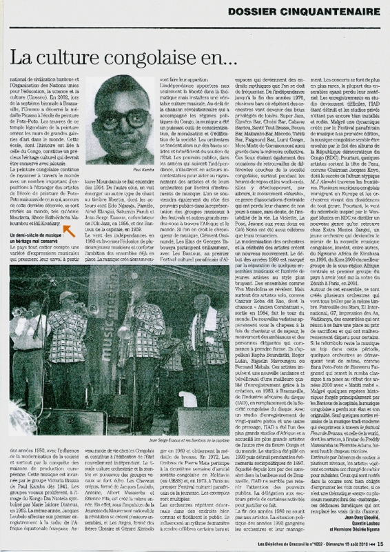 Rhode Makoumbou in «Les Dépêches de Brazzaville», krant n° 1052 (zo 15 aug 2010) • Krantenknipsel 2/2