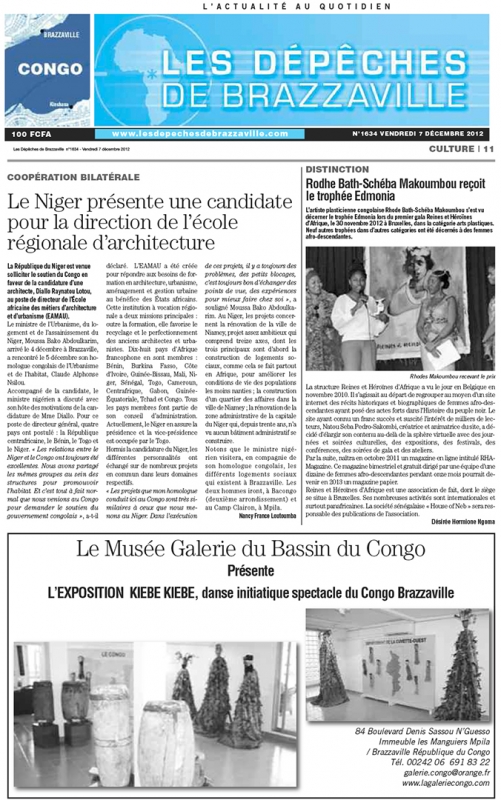 Rhode Makoumbou in «Les Dépêches de Brazzaville», krant n° 1634 (vri 07 dec 2012)