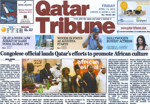 Rhode Makoumbou in «Qatar Tribune», krant n° 2412 (vri 12 apr 2013)